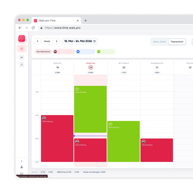 wals.pro Time App im Browser: Wochenkalender mit Teamansicht und gebuchten Zeiten