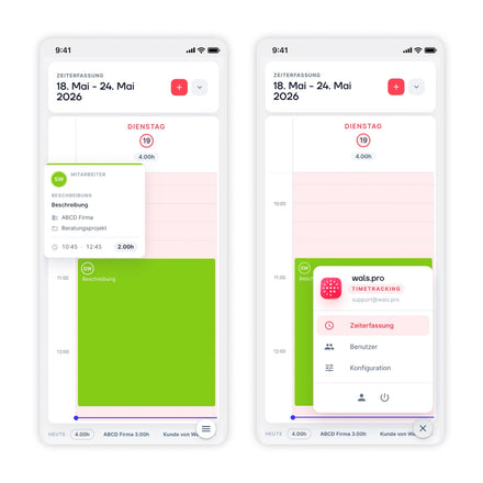 wals.pro Time App am Handy: Tagesansicht mit Eintragsdetails und Menü