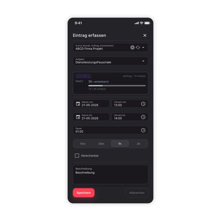 wals.pro Time App am Handy: Eintrag erfassen mit Kontingentanzeige und Schnellwahl der Dauer