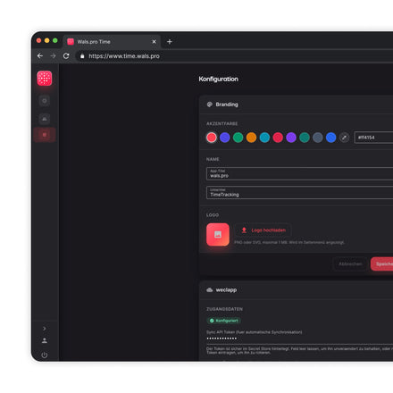 wals.pro Time App: Konfiguration mit Akzentfarbe, Logo und weclapp-Zugang