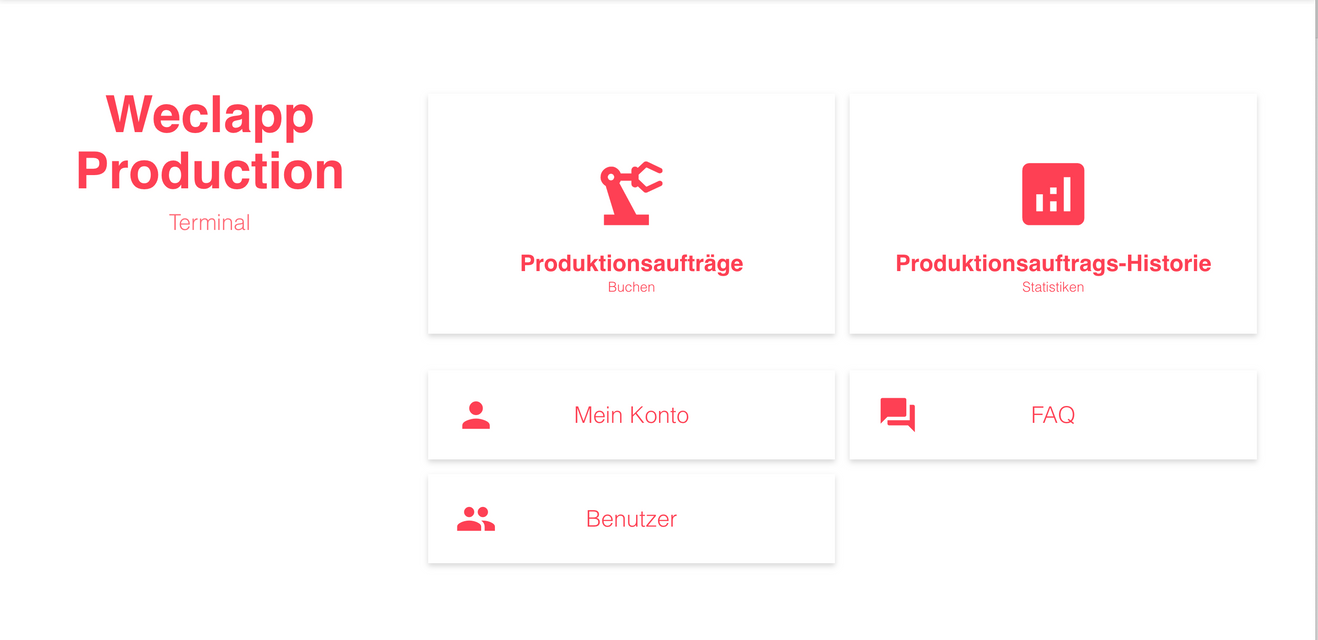 Production Terminal 4 weclapp, Startbildschirm mit den Bereichen Produktionsauftraege, Historie, Konto und Benutzer