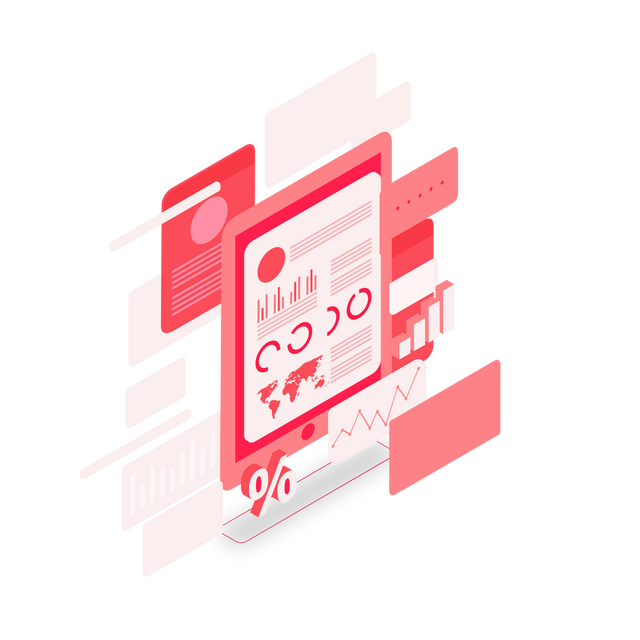 Illustration eines Finanz-Dashboards mit Diagrammen, Belegen und Prozentzeichen in wals.pro-Rot