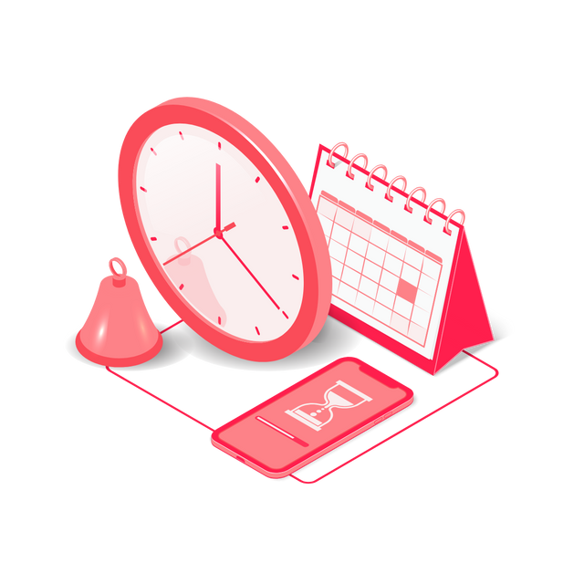 Illustration von Uhr, Kalender und Glocke in wals.pro-Rot als Sinnbild für Fristen