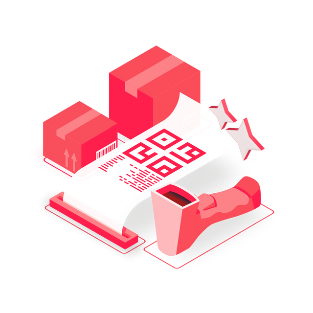 Illustration von Paketen, Versandetikett und Handscanner in wals.pro-Rot