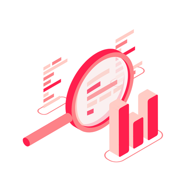 Illustration: Lupe über Datenzeilen neben einem Balkendiagramm, Symbol für Umsatzauswertung mit Klar 4 weclapp