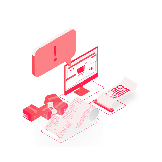 Illustration vernetzter Handelssysteme mit Bildschirm, Warenkorb, Paketen und Beleg in wals.pro-Rot