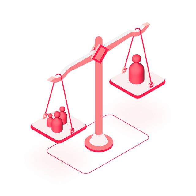 Illustration einer Balkenwaage in wals.pro-Rot als Sinnbild für die Frage, wer beim Marktplatz verkauft