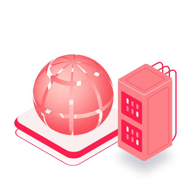 Illustration eines Globus auf einer Plattform neben einem Server in wals.pro-Rot als Sinnbild für eine Schnittstelle zu vielen Marktplätzen