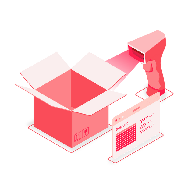Illustration: Versandkarton, Barcode-Scanner und Bestandsliste