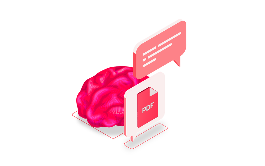 Illustration: Chat-Sprechblase und PDF-Angebot neben dem wals.pro-Gehirn
