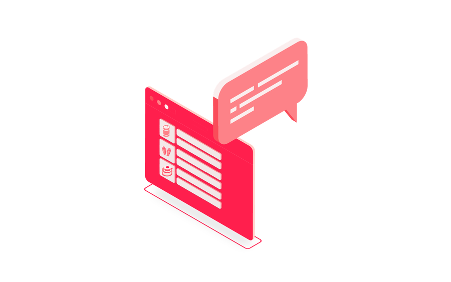 Illustration: Artikelliste im Browserfenster mit Chat-Sprechblase für Disposition im Chat