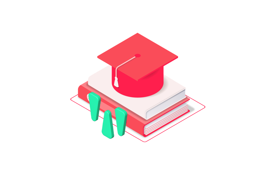 Illustration: Doktorhut auf Büchern als Symbol für Skills, Anleitungen nach Aufgabe