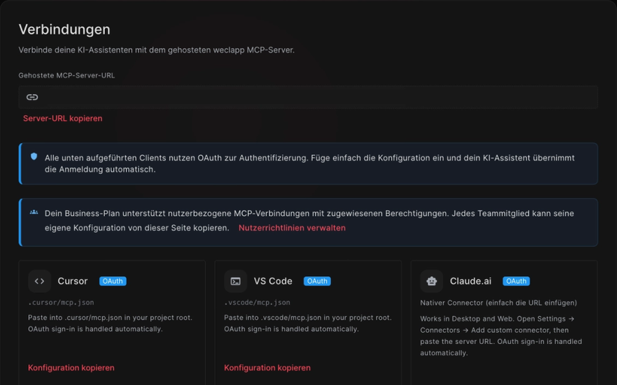 Verbindungen in wals.pro AI 4 weclapp: KI-Assistenten wie Claude, Cursor und VS Code per OAuth verbinden