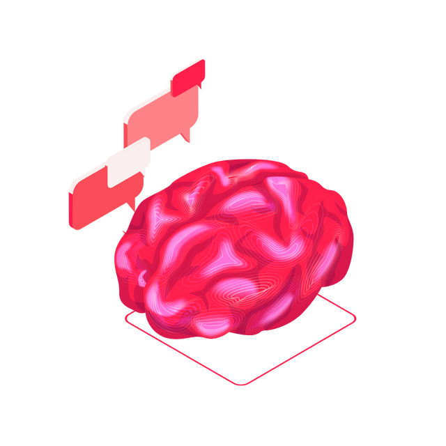 Isometrische Illustration: KI-Knoten mit zwei Dialogblasen